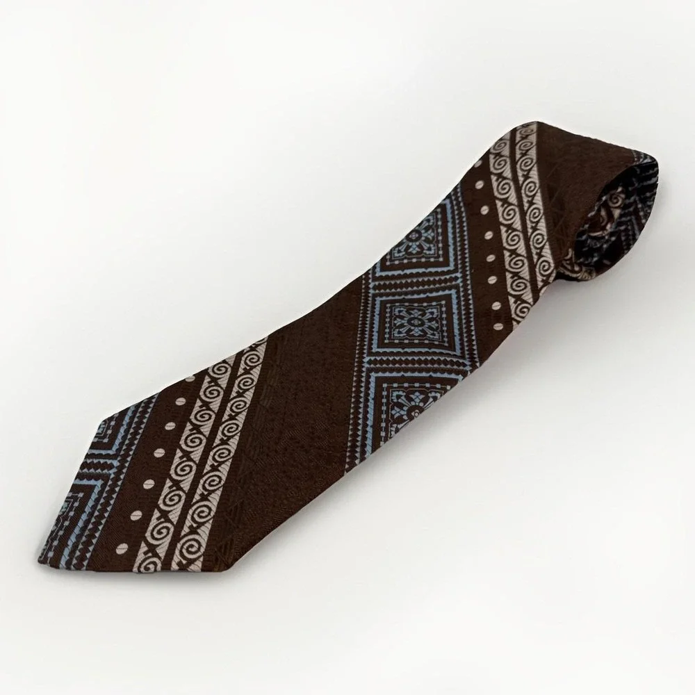 Vintage Men's Brown Cream Powder Blue Geometric Diagonal‎ Stripe Tie 70s